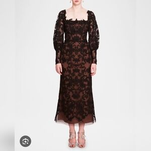 NWT Marchesa Notte Blouson-Sleeve Lace and Applique Maxi Dress Size 8